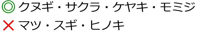 ◎クヌギ・サクラ・ケヤキ・モミジ　×松・杉・ヒノキ